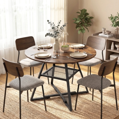 HOMCOM Mesa de Comedor Redonda para 4 Personas con Estante Marco Metálico para Sala de Estar Ø100x76 cm Marrón Rústico