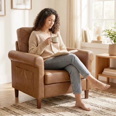 HOMCOM Sofá Individual Tapizado en PU Cojín Grueso Respaldo con Costuras Patas de Madera Maciza Marrón