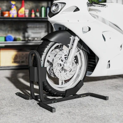 HOMCOM Caballete de Moto Delantera, Soporte para Rueda Delantera de Moto Ajustable en 3 Niveles de Metal Robusto, para Ruedas ∅43, 48, 53 cm, Negro