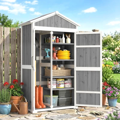 Outsunny Armário de Jardim Abrigo de Jardim Impermeável com Telhado Metálico Duas Portas para Ferramentas de Jardinagem 105x55x179 cm Cinza