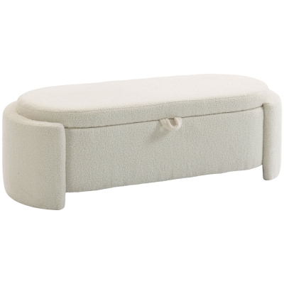 HOMCOM Banco de almacenaje, banco al pie de la cama ovalado en polar Teddy con asiento amplio, 129 x 48,5 x 44 cm, crema