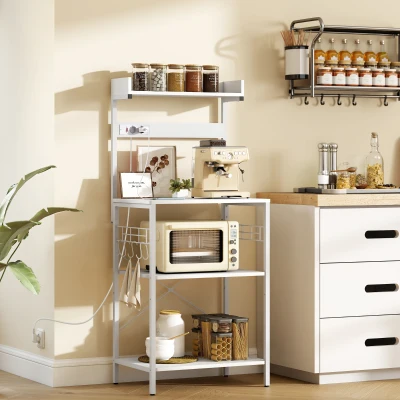 HOMCOM Estante de Cozinha com 2 Tomadas Prateleira para Micro-ondas Prateleira Ajustável Ganchos 60x42x137 cm Branco