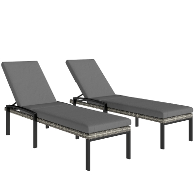 Outsunny Set de 2 tumbonas de polyrattan para jardín con respaldo 5 posiciones ajustable cojín hasta 120kg Gris claro