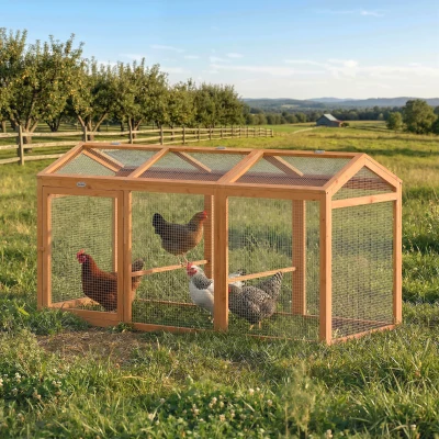 PawHut Corral de exterior con percha y puertas dobles, de madera y metal, para 4 gallinas, 156 x 70,5 x 84 cm Naranja