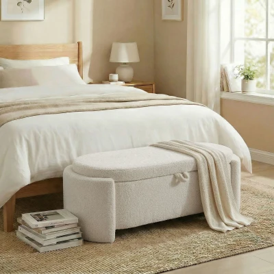 HOMCOM Banco de almacenaje, banco al pie de la cama ovalado en polar Teddy con asiento amplio, 129 x 48,5 x 44 cm, crema