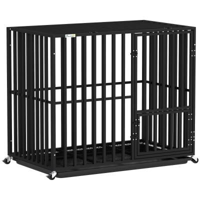 PawHut Heavy Duty Dog Crate, Dog Cage with Wheels for Small Medium Breeds, Metal Pet Kennel with Removable Tray