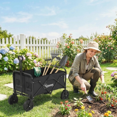 Outsunny Carrinho de Jardim Dobrável com Rodas Bloqueáveis Cabo Ajustável Porta-Copos Carga 80 kg para Camping 85x50x99 cm Preto