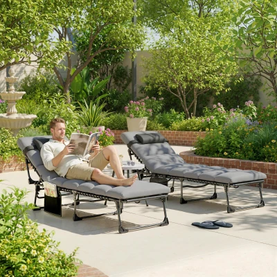 Outsunny Conjunto de 2 Espreguiçadeiras com Colchão 9cm Dobrável Encosto Regulável 5 Posições Apoio de Cabeça 200cm Cinza