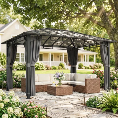 Outsunny Hardtop Aluminium Gazebo with Curtains Dark Grey 3x4m