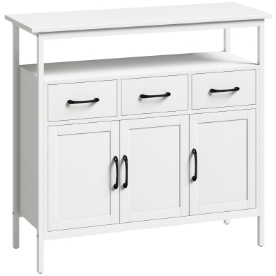 HOMCOM Buffet cocina, mueble de almacenamiento, 3 puertas, 3 cajones, compartimento abierto y estantes ajustables, 95x35x88cm, blanco