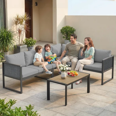 Outsunny Set mobilier de grădină exterior colțar modulabil 6 persoane, canapele, masă de cafea și perne, gri închis