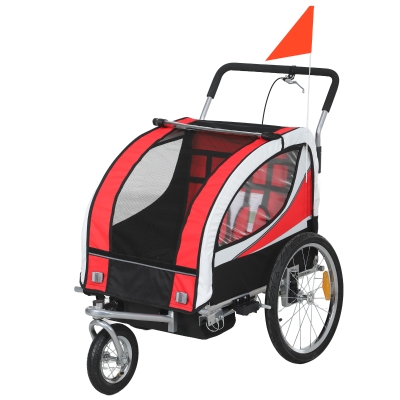 HOMCOM Remorque Vélo Enfant 2 en 1 Poussette 2 Places Rouge