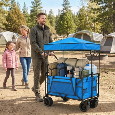 Outsunny Cărucior de grădină pliabil cu roți mari blocabile bară reglabilă suport pentru pahare pentru camping 125x59x133 cm Albastru