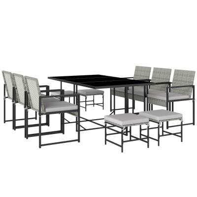 Outsunny Set Comedor Patio 11 Piezas, Muebles de Exterior con 6 Sillones, 4 Pufs, Gris