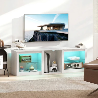 HOMCOM Mueble TV con iluminación LED para televisores hasta 177,8 cm, 160 cm con estantes de vidrio ajustables, blanco