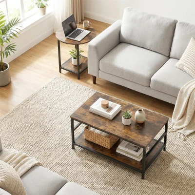 HOMCOM Conjunto de mesas, 2 peças, mesa retangular e redonda com armazenamento em 2 níveis, marrom rústico