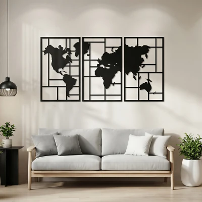 HOMCOM Metalowa Dekoracja Ścienna, 3 Części, Mapa Świata na Ścianę do Salonu Sypialni Korytarza, 50 x 80 cm, Czarny
