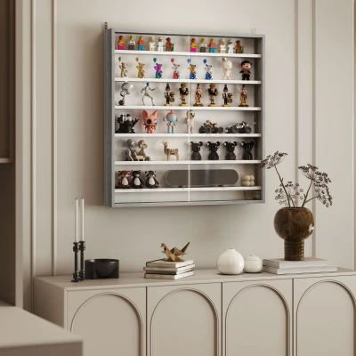HOMCOM Display Cabinet 6-Shelf Glass Doors Graphite Wood