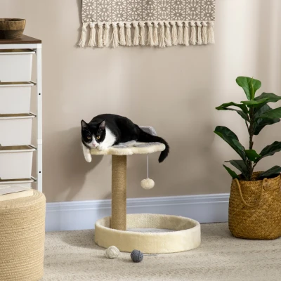 PawHut Árbol Rascador para Gatos Altura 44 cm Torre de Escalada con 2 Camas Poste de Yute, Juguete Colgante Gris Claro