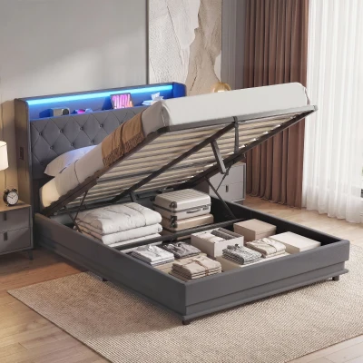 HOMCOM Cama baú 140x190cm iluminação LED e estação de carregamento estrutura de cama de casal estofada em linho arrumação hidráulica cinza