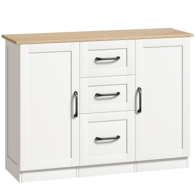 HOMCOM Buffet para sala, móvel de arrumação com 2 portas de fecho suave e 3 gavetas, 110x35x80,4cm, branco e madeira natural
