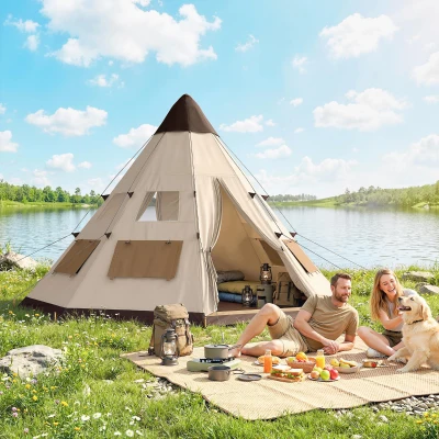 Outsunny 6 Men Tipi Tent with Carry Bag - Khaki