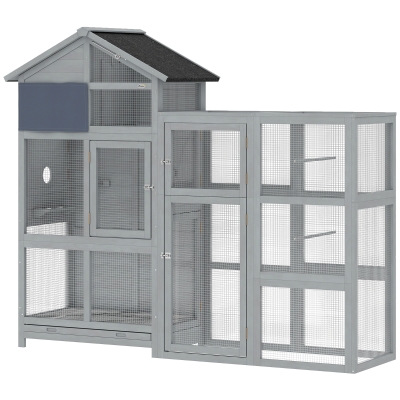 PawHut Volière Bois 6 Perchoirs Tiroir Extractible 196x60x164cm Gris