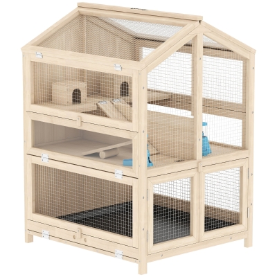 PawHut Cage Hamster Bois 3 Niveaux avec Bac Amovible Naturel