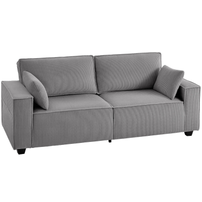 HOMCOM 218 cm 3-osobowa sofa, nowoczesna sofa w stylu sztruksowym z sprężynami kieszeniowymi, szerokimi podłokietnikami i 2 poduszkami, jasnoszara