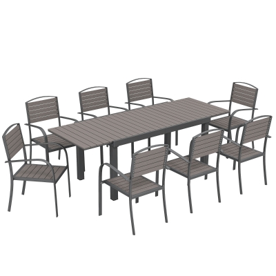 Outsunny Conjunto de Mesa e Cadeiras de Jardim com Mesa Extensível Estrutura de Alumínio 8 Cadeiras e Tampo de Ripas de Madeira Plástica