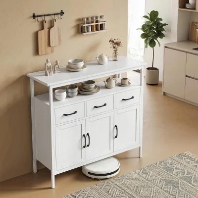 HOMCOM Buffet Cuisine Blanc 3 Portes 3 Tiroirs 95x35x88cm