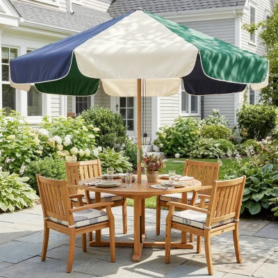 Outsunny Sombrilla Terraza Exterior Ø2,3 m con Marco de Efecto Madera Polea con Cuerda Dosel Bicolor UPF30+ Verde Oscuro