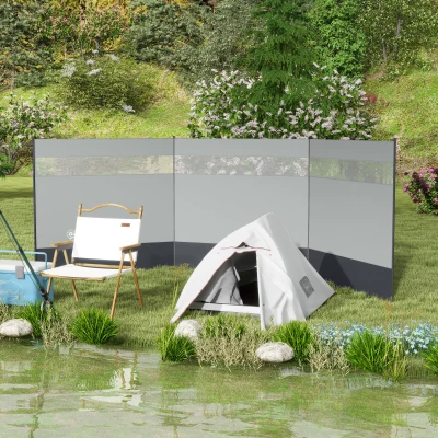 Outsunny Paravan împotriva vântului pentru camping, pliabil și portabil, cu sac de transport și stâlpi din oțel dim. 440 cm x 140 cm gri deschis