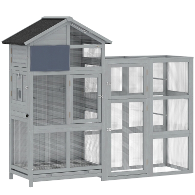 PawHut Volière em madeira com 6 poleiros compartimento gaveta extraível taças em aço inox 196x60x164,5cm Cinzento