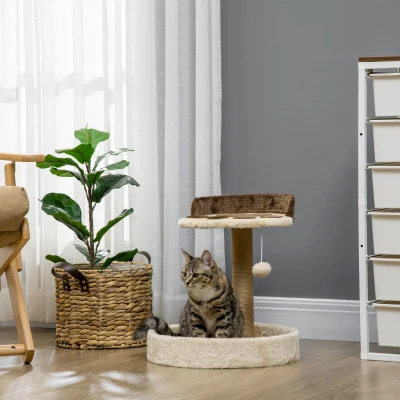 PawHut Árbol Rascador para Gatos Altura 44 cm Torre de Escalada con 2 Camas Poste de Yute, Juguete Colgante Marrón
