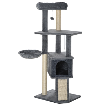 PawHut Árbol Rascador para Gatos Árbol para Gatos 127 cm con Cueva Hamaca Cama Plataformas Rampa de Sisal Bola Colgante Gris