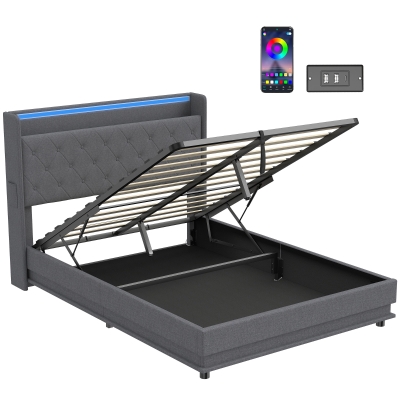 HOMCOM Bett mit Stauraum 140 x 190 cm LED-Beleuchtung und Ladestation gepolstertes Leinen-Bettgestell hydraulischer Stauraum grau