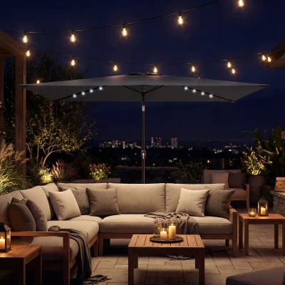 Outsunny Garden Parasol with LED Solar Light Black 3x2m