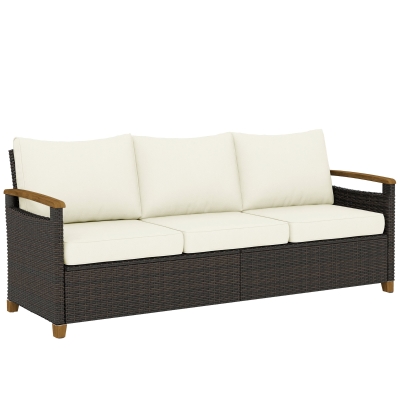Outsunny Rattan Sofa mit Kissen, 3-Sitzer Gartensofa Loungesofa mit Stahlrahmen für Terrasse Garten 192 x 74 x 79 cm Cremeweiß