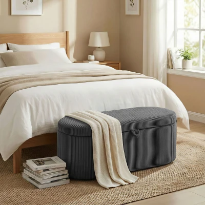 HOMCOM Corduroy Storage Ottoman Padded Seat Dark Grey