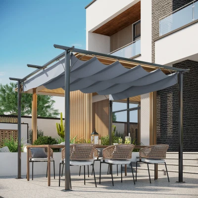 Outsunny Metal Pergola 3x3m Retractable Roof Grey