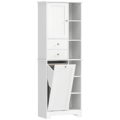 HOMCOM Armario de Baño Blanco, Cesto de Ropa Inclinable, Cajones