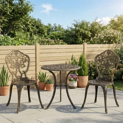 Outsunny 3 Piece Cast Aluminium Garden Bistro Set for 3 with Parasol Hole, Outdoor Coffee Table Set, Two Armless Chairs and Round Coffee Table for Balcony, Patio, Bronze