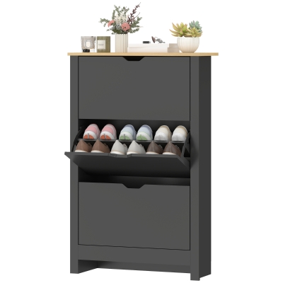 HOMCOM Armoire à Chaussures 3 Portes Noir Chêne 2 Compartiments