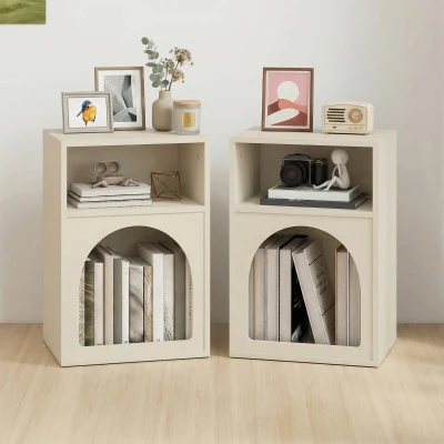 HOMCOM 2er-Set Nachttische, Nachttisch mit offenen Fächern, geschwungenes Design, 40 x 30 x 60 cm, Creme