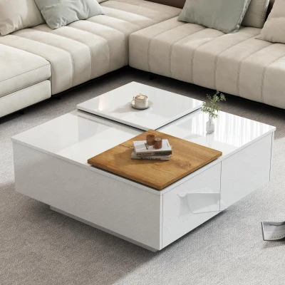 Table basse moderne en finition brillante avec plateaux coulissants et 4 tiroirs, Blanc