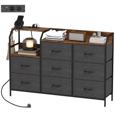 HOMCOM Commode 8 Tiroirs Tissu avec Station Recharge Marron
