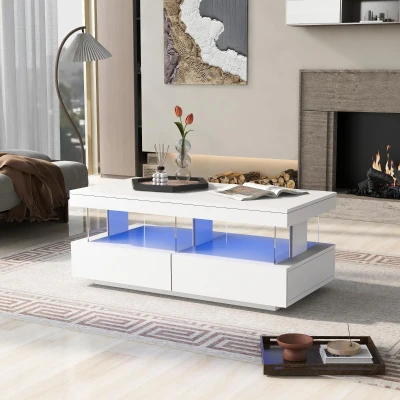 Table basse moderne laquée brillante avec éclairage LED, Blanc