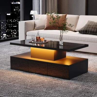 Tavolino da salotto a 2 livelli con luce LED a 16 colori, Nero