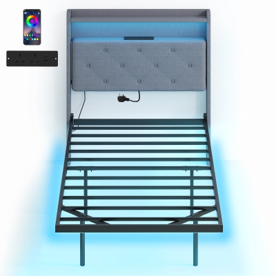 HOMCOM Upholstered Single Bed Frame with LED Lights Grey